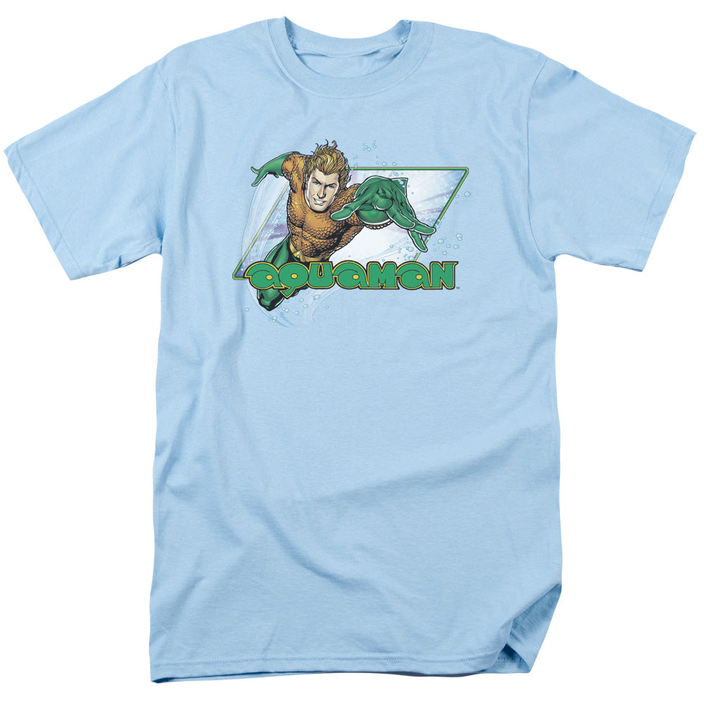 AN OFFCIALLY LICENSED JLA AQUAMAN MEN'S REGULAR FIT T-SHIRT LIGHT BLUE