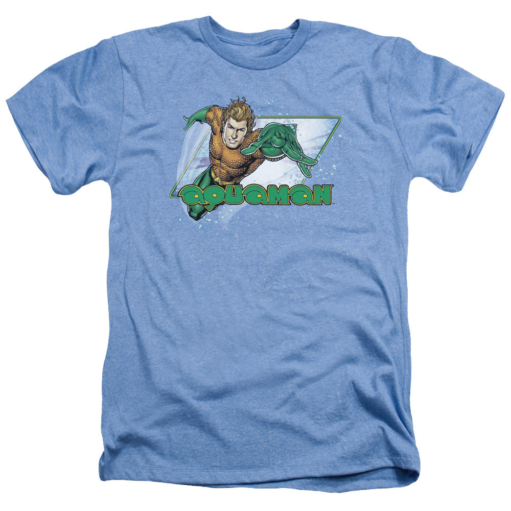 AN OFFCIALLY LICENSED JLA AQUAMAN MEN'S HEATHER T-SHIRT LIGHT BLUE
