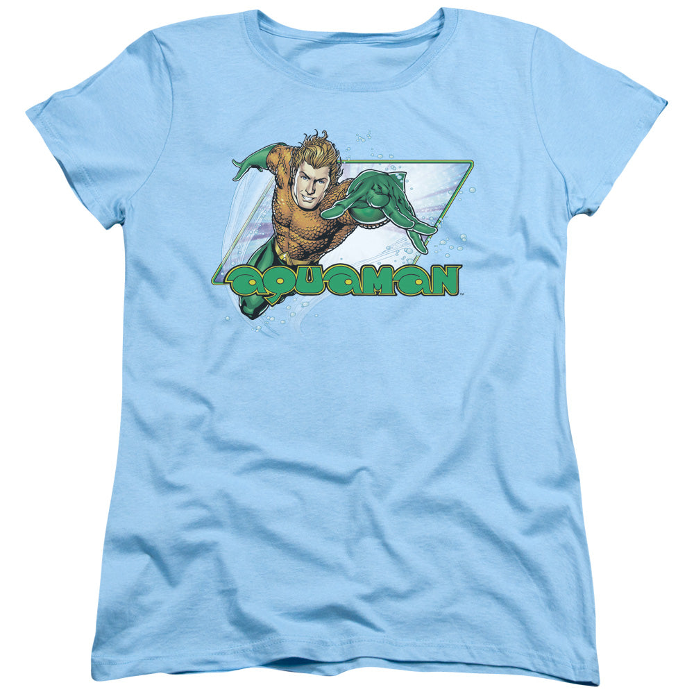 AN OFFCIALLY LICENSED JLA AQUAMAN WOMEN'S REGULAR FIT T-SHIRT LIGHT BLUE