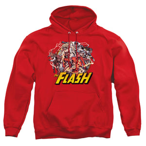 AN OFFCIALLY LICENSED JLA FLASH FAMILY ADULT UNISEX PULLOVER HOODIE RED