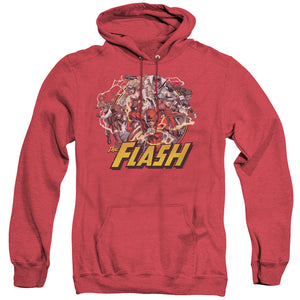 AN OFFCIALLY LICENSED JLA FLASH FAMILY ADULT UNISEX HEATHER PULLOVER HOODIE RED