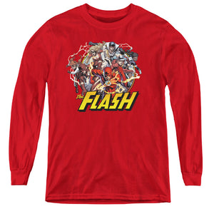 AN OFFCIALLY LICENSED JLA FLASH FAMILY YOUTH LONG SLEEVE T-SHIRT RED