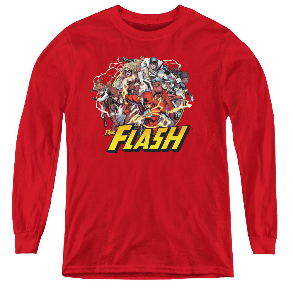 AN OFFCIALLY LICENSED JLA FLASH FAMILY YOUTH LONG SLEEVE T-SHIRT RED