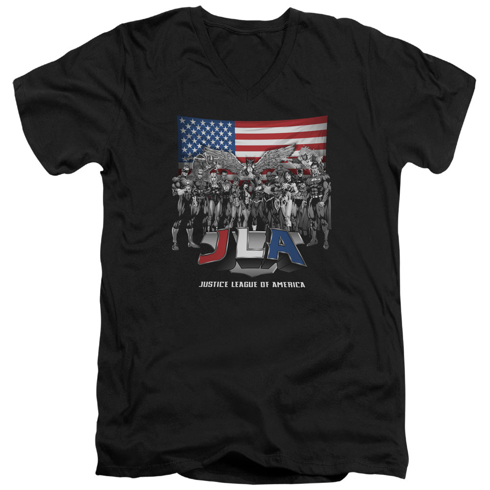 AN OFFCIALLY LICENSED JLA ALL AMERICAN LEAGUE MEN'S V-NECK T-SHIRT BLACK