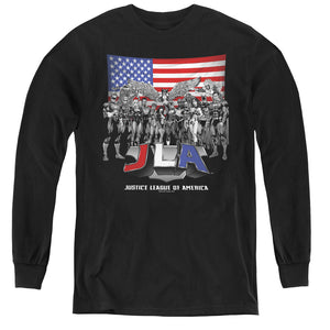 AN OFFCIALLY LICENSED JLA ALL AMERICAN LEAGUE YOUTH LONG SLEEVE T-SHIRT BLACK