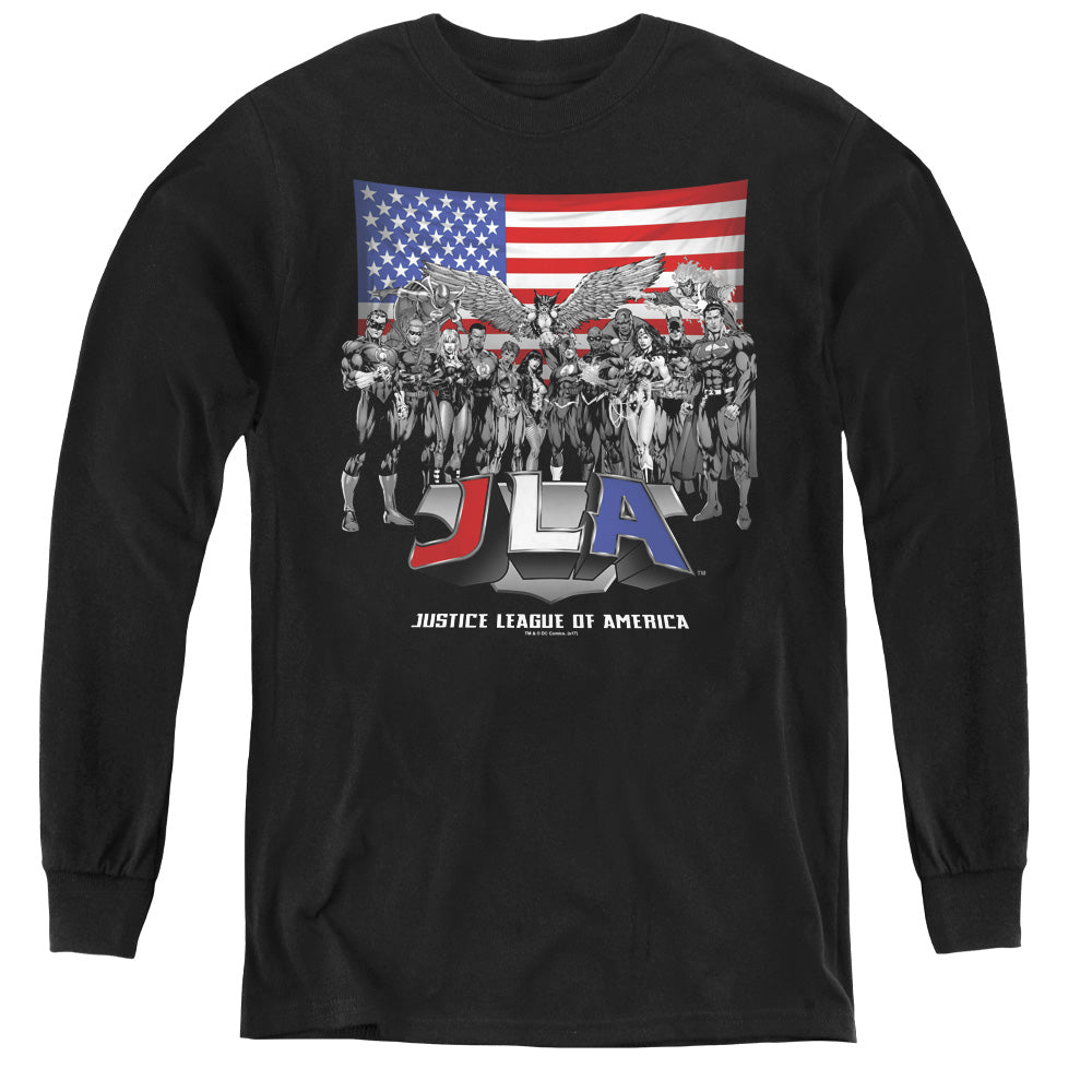 AN OFFCIALLY LICENSED JLA ALL AMERICAN LEAGUE YOUTH LONG SLEEVE T-SHIRT BLACK