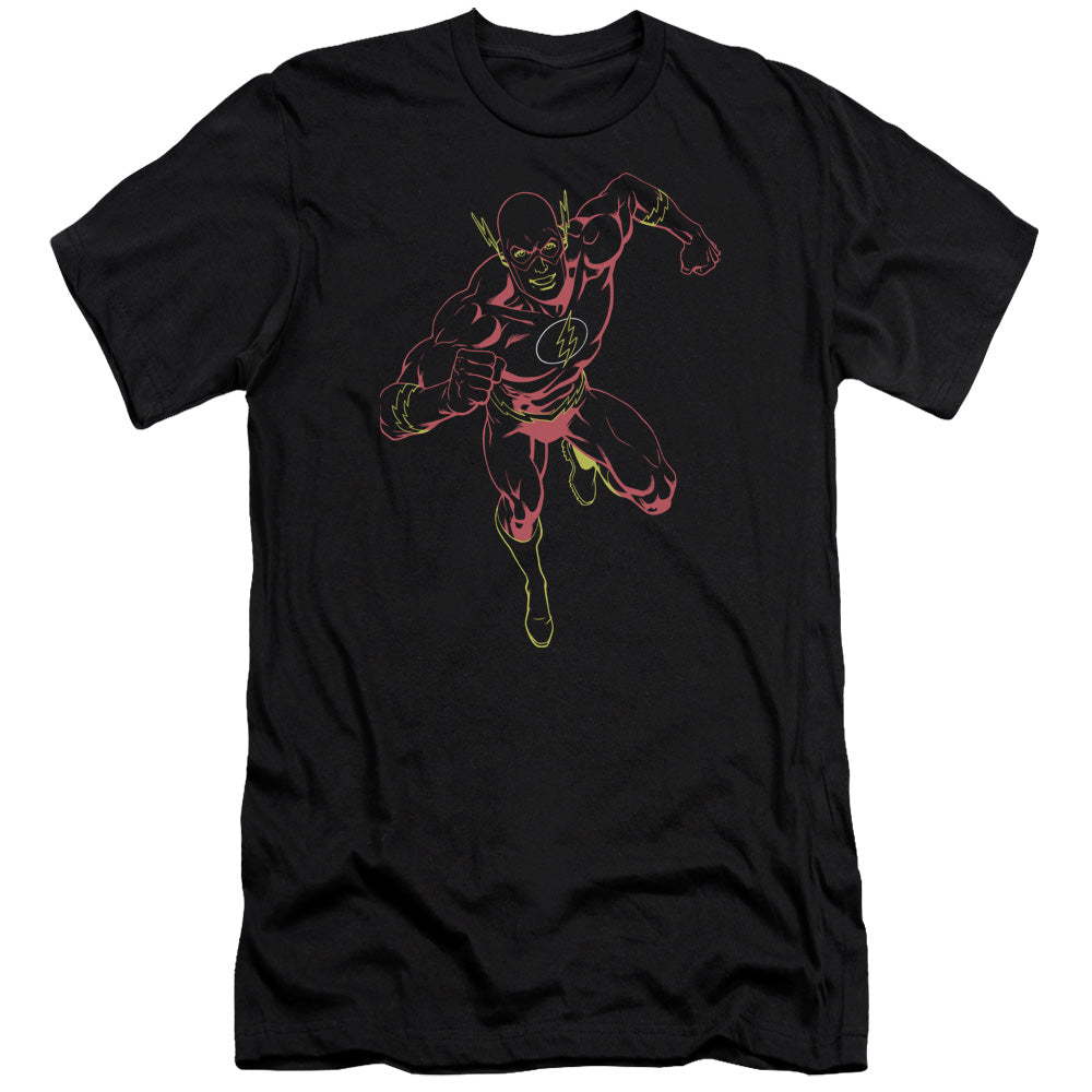 AN OFFCIALLY LICENSED JLA NEON FLASH MEN'S PREMIUM SLIM FIT T-SHIRT BLACK