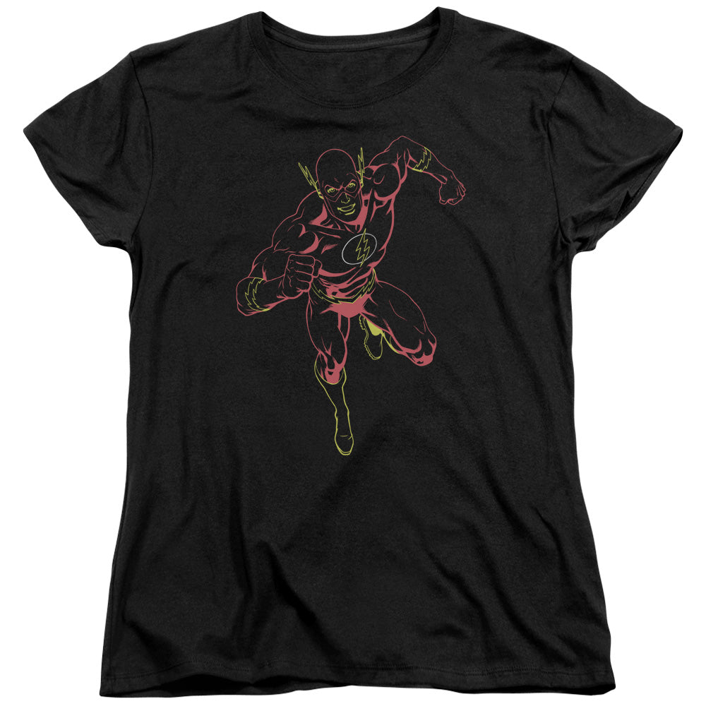 AN OFFCIALLY LICENSED JLA NEON FLASH WOMEN'S REGULAR FIT T-SHIRT BLACK