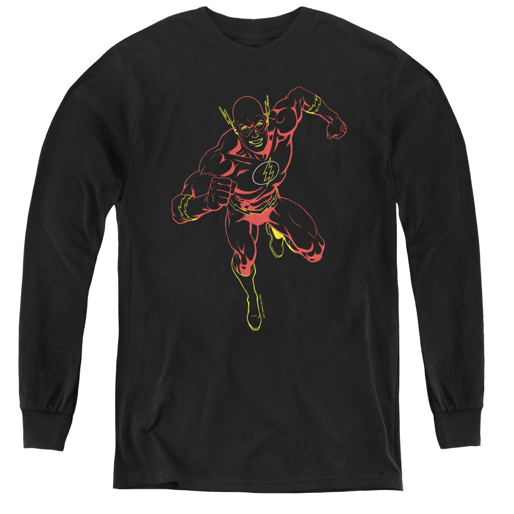 AN OFFCIALLY LICENSED JLA NEON FLASH YOUTH LONG SLEEVE T-SHIRT BLACK