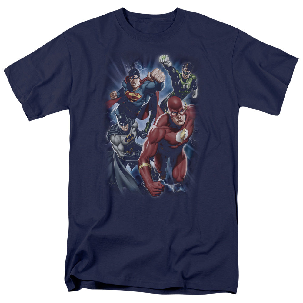 AN OFFCIALLY LICENSED JLA STORM CHASERS MEN'S REGULAR FIT T-SHIRT NAVY