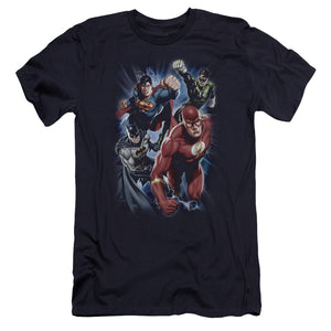 AN OFFCIALLY LICENSED JLA STORM CHASERS MEN'S PREMIUM SLIM FIT T-SHIRT NAVY
