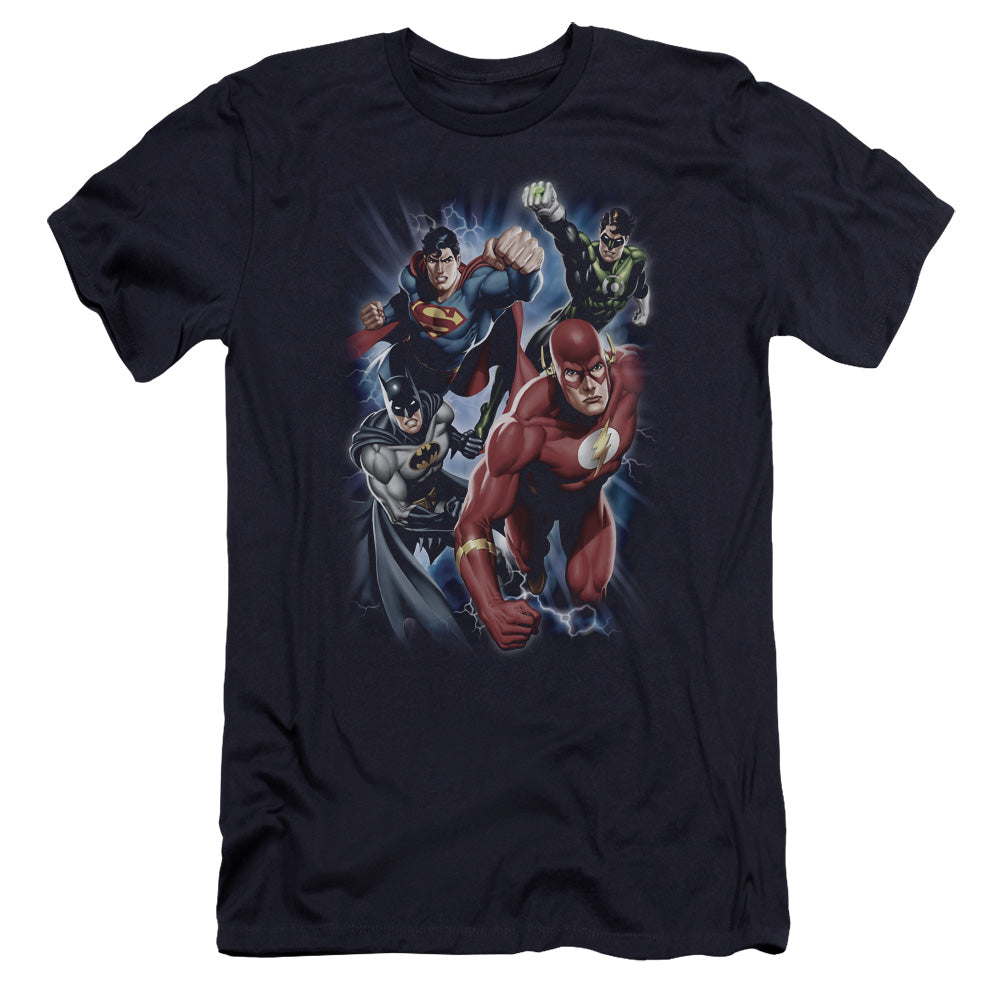 AN OFFCIALLY LICENSED JLA STORM CHASERS MEN'S PREMIUM SLIM FIT T-SHIRT NAVY