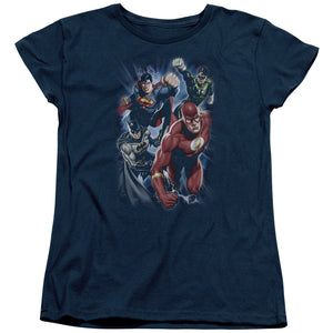 AN OFFCIALLY LICENSED JLA STORM CHASERS WOMEN'S REGULAR FIT T-SHIRT NAVY
