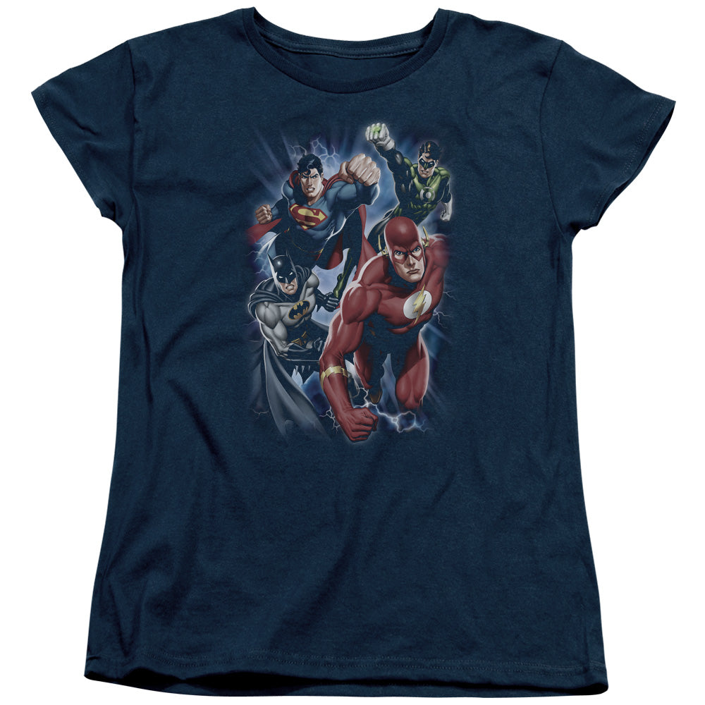 AN OFFCIALLY LICENSED JLA STORM CHASERS WOMEN'S REGULAR FIT T-SHIRT NAVY