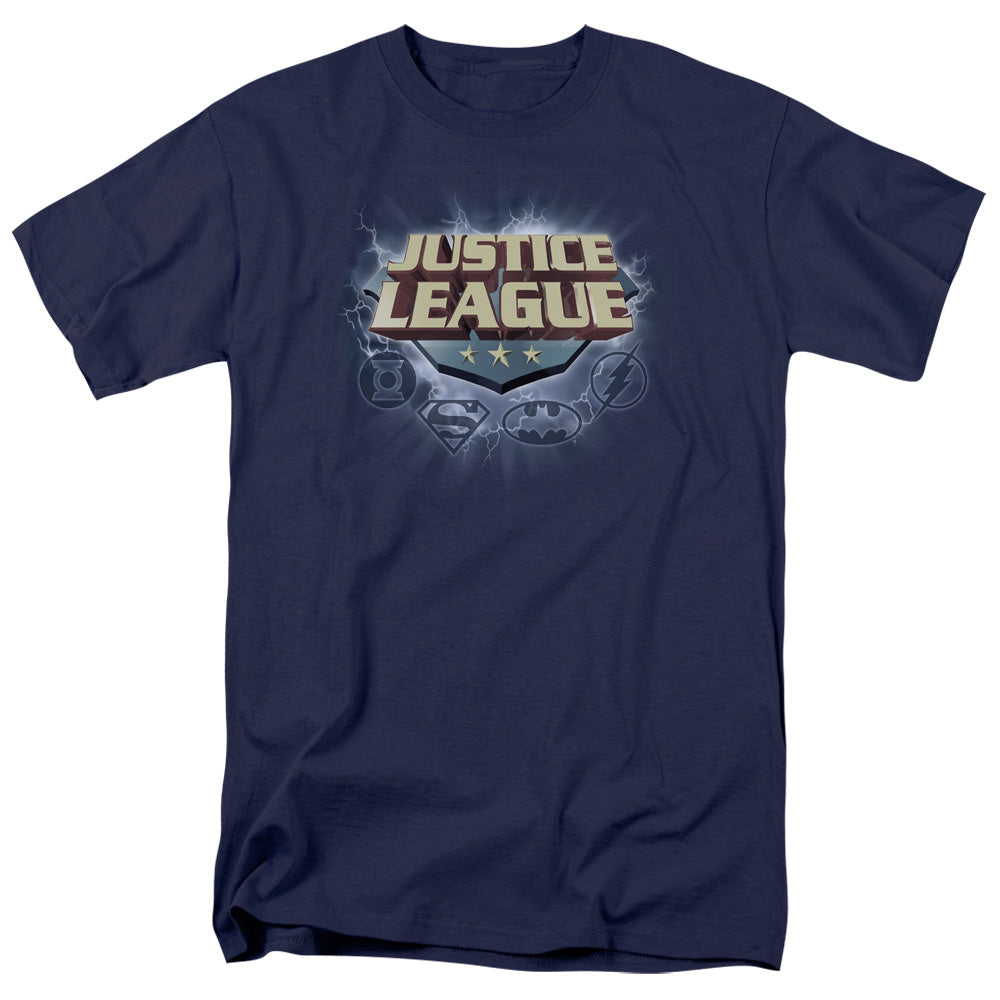 AN OFFCIALLY LICENSED JLA STORM LOGO MEN'S REGULAR FIT T-SHIRT NAVY