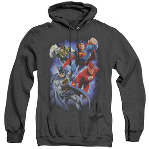 AN OFFCIALLY LICENSED JLA STORM MAKERS ADULT UNISEX HEATHER PULLOVER HOODIE BLACK