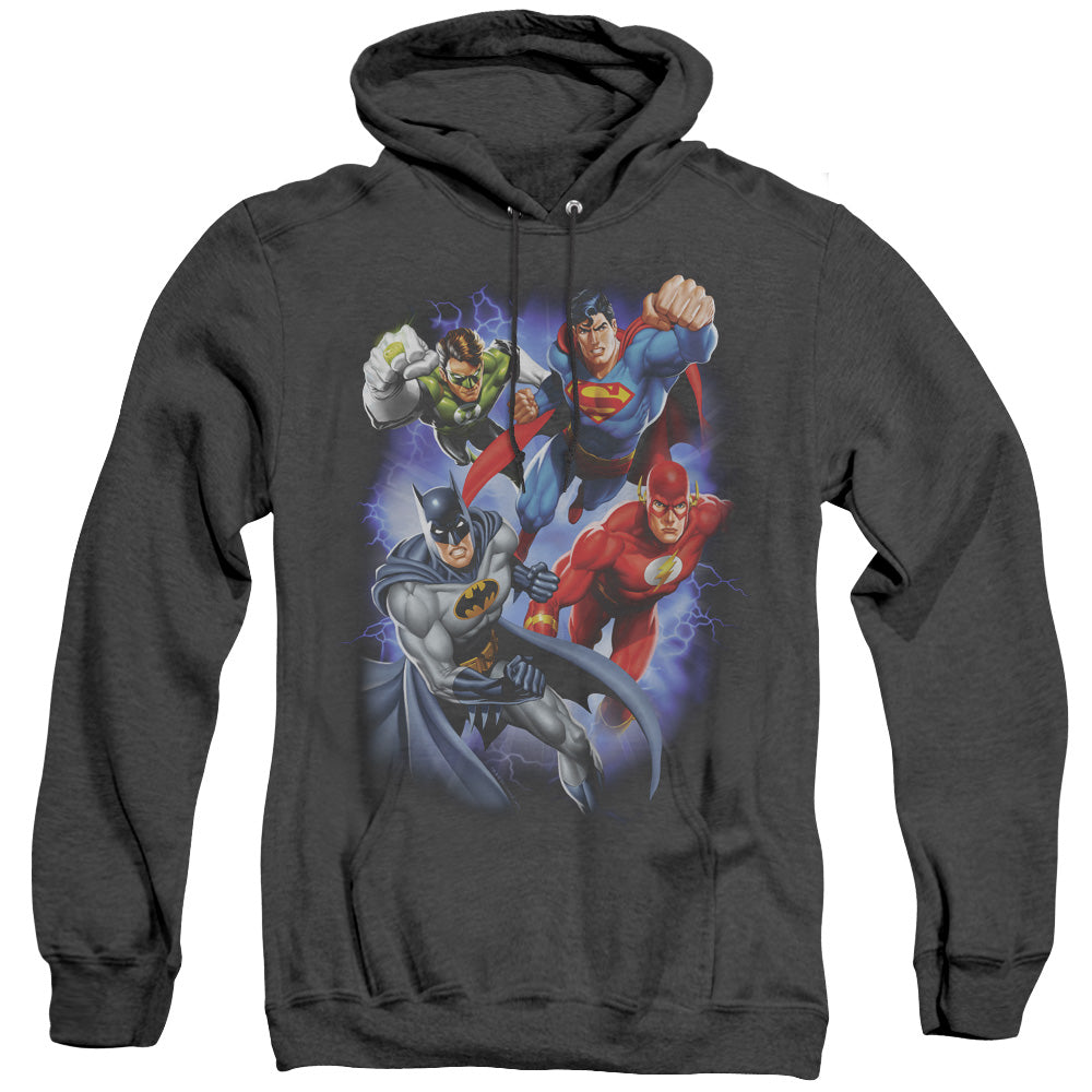 AN OFFCIALLY LICENSED JLA STORM MAKERS ADULT UNISEX HEATHER PULLOVER HOODIE BLACK