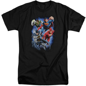 AN OFFCIALLY LICENSED JLA STORM MAKERS MEN'S TALL FIT T-SHIRT BLACK