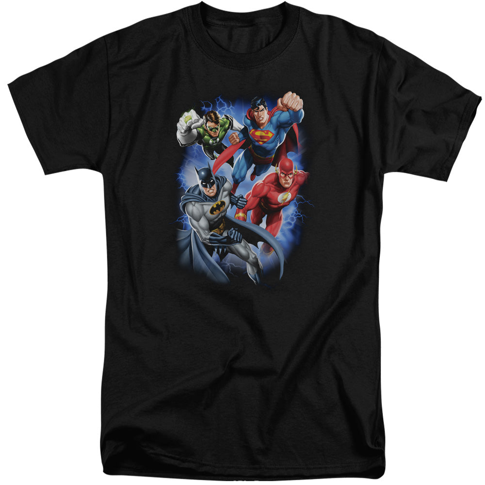 AN OFFCIALLY LICENSED JLA STORM MAKERS MEN'S TALL FIT T-SHIRT BLACK