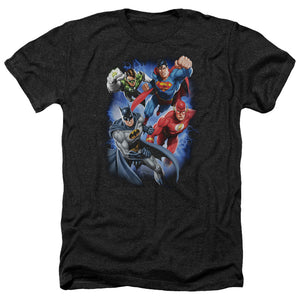 AN OFFCIALLY LICENSED JLA STORM MAKERS MEN'S HEATHER T-SHIRT CHARCOAL