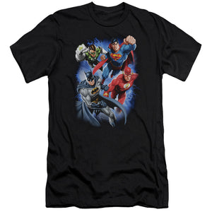 AN OFFCIALLY LICENSED JLA STORM MAKERS MEN'S PREMIUM SLIM FIT T-SHIRT BLACK