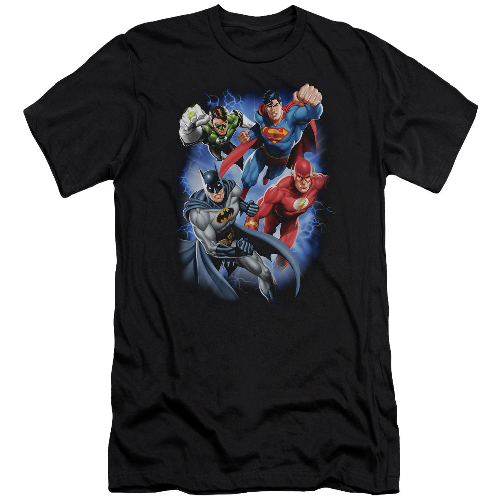 AN OFFCIALLY LICENSED JLA STORM MAKERS MEN'S PREMIUM SLIM FIT T-SHIRT BLACK