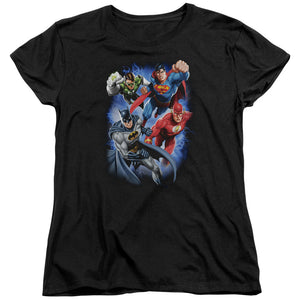 AN OFFCIALLY LICENSED JLA STORM MAKERS WOMEN'S REGULAR FIT T-SHIRT BLACK