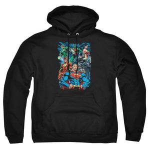 AN OFFCIALLY LICENSED JLA JUSTICE IS SERVED ADULT UNISEX PULLOVER HOODIE BLACK