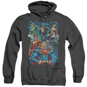 AN OFFCIALLY LICENSED JLA JUSTICE IS SERVED ADULT UNISEX HEATHER PULLOVER HOODIE BLACK