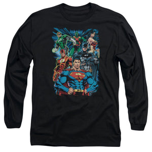 AN OFFCIALLY LICENSED JLA JUSTICE IS SERVED MEN'S LONG SLEEVE T-SHIRT BLACK