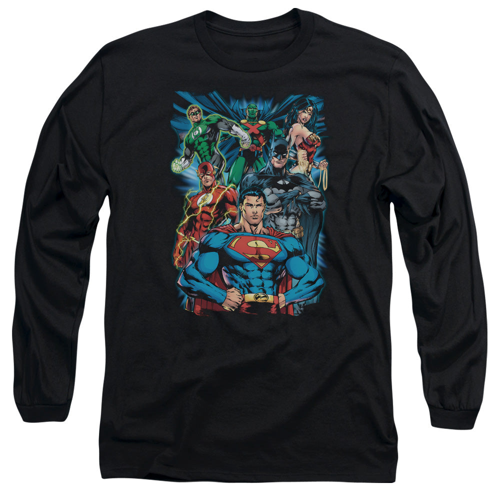 AN OFFCIALLY LICENSED JLA JUSTICE IS SERVED MEN'S LONG SLEEVE T-SHIRT BLACK