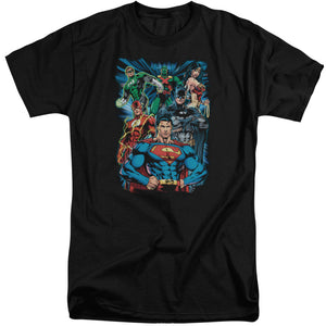 AN OFFCIALLY LICENSED JLA JUSTICE IS SERVED MEN'S TALL FIT T-SHIRT BLACK