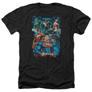 AN OFFCIALLY LICENSED JLA JUSTICE IS SERVED MEN'S HEATHER T-SHIRT CHARCOAL