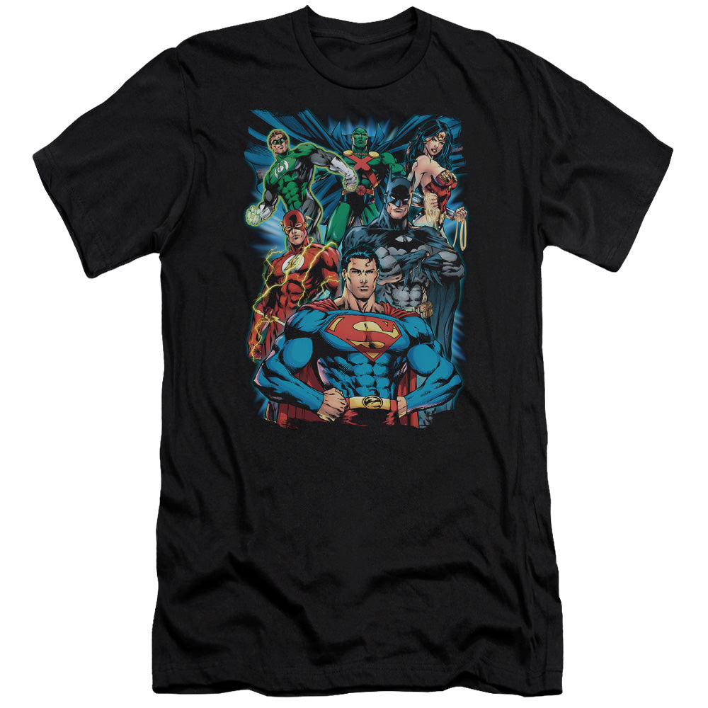 AN OFFCIALLY LICENSED JLA JUSTICE IS SERVED MEN'S PREMIUM SLIM FIT T-SHIRT BLACK
