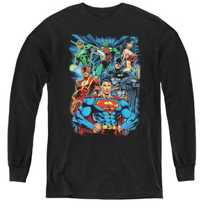 AN OFFCIALLY LICENSED JLA JUSTICE IS SERVED YOUTH LONG SLEEVE T-SHIRT BLACK