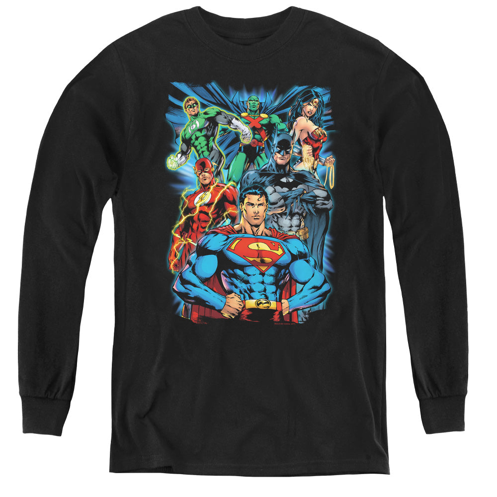 AN OFFCIALLY LICENSED JLA JUSTICE IS SERVED YOUTH LONG SLEEVE T-SHIRT BLACK