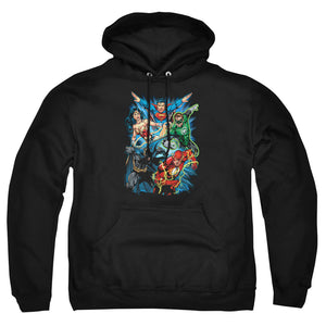 AN OFFCIALLY LICENSED JLA JL ASSEMBLE ADULT UNISEX PULLOVER HOODIE BLACK