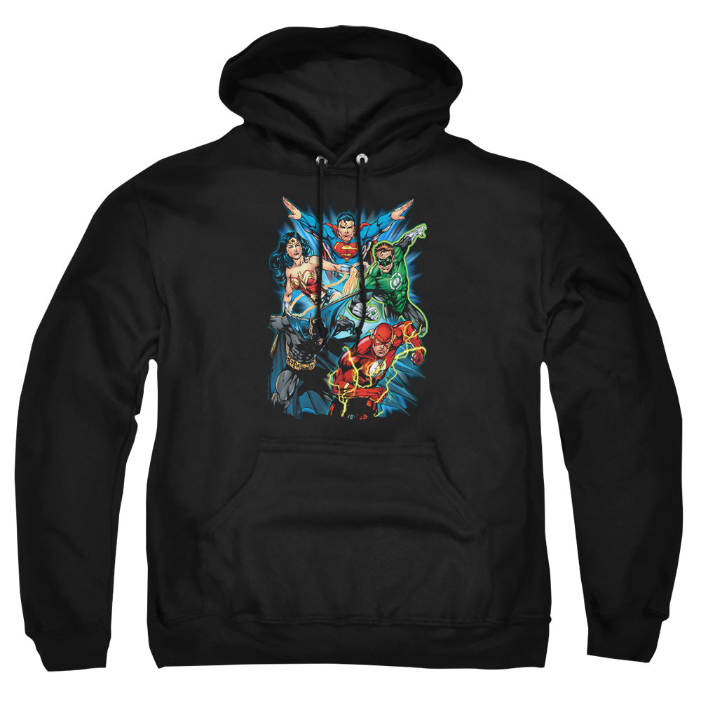 AN OFFCIALLY LICENSED JLA JL ASSEMBLE ADULT UNISEX PULLOVER HOODIE BLACK