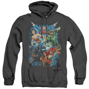 AN OFFCIALLY LICENSED JLA JL ASSEMBLE ADULT UNISEX HEATHER PULLOVER HOODIE BLACK