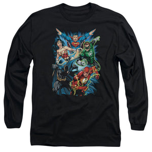 AN OFFCIALLY LICENSED JLA JL ASSEMBLE MEN'S LONG SLEEVE T-SHIRT BLACK