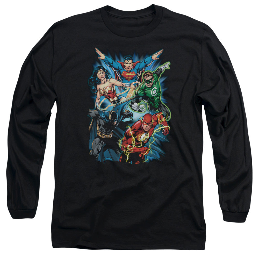 AN OFFCIALLY LICENSED JLA JL ASSEMBLE MEN'S LONG SLEEVE T-SHIRT BLACK