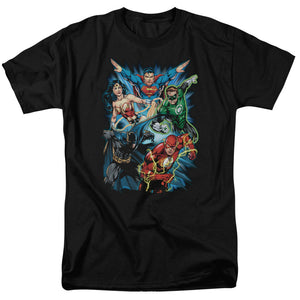 AN OFFCIALLY LICENSED JLA JL ASSEMBLE MEN'S REGULAR FIT T-SHIRT BLACK