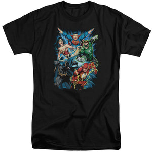AN OFFCIALLY LICENSED JLA JL ASSEMBLE MEN'S TALL FIT T-SHIRT BLACK