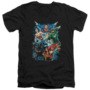 AN OFFCIALLY LICENSED JLA JL ASSEMBLE MEN'S V-NECK T-SHIRT BLACK