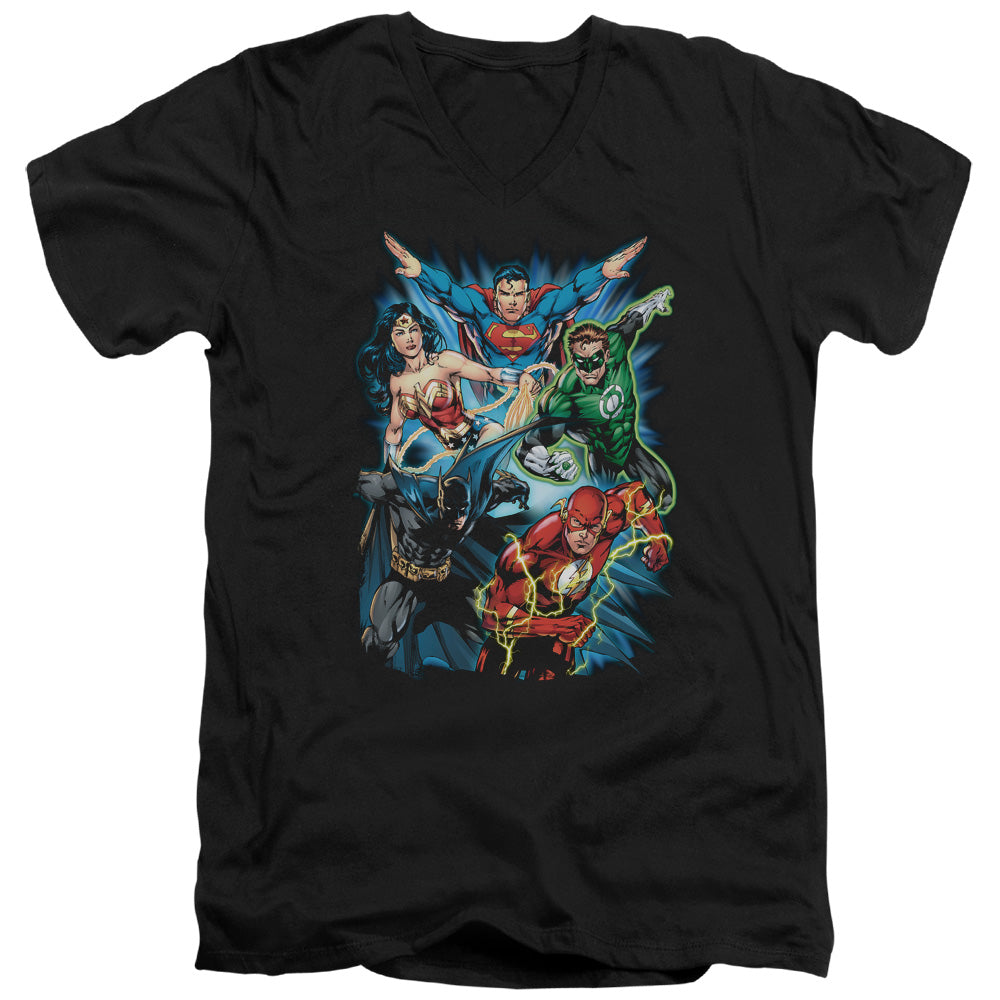AN OFFCIALLY LICENSED JLA JL ASSEMBLE MEN'S V-NECK T-SHIRT BLACK