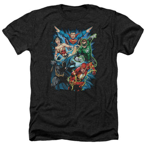 AN OFFCIALLY LICENSED JLA JL ASSEMBLE MEN'S HEATHER T-SHIRT CHARCOAL