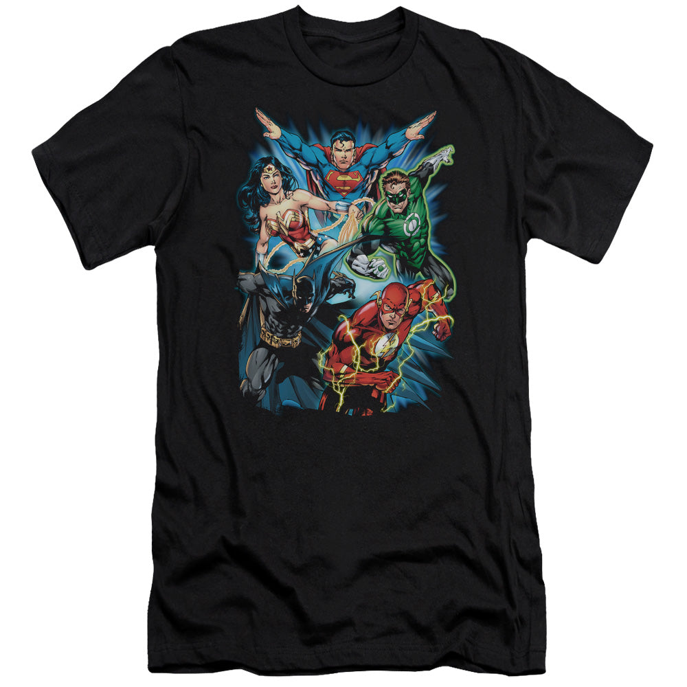 AN OFFCIALLY LICENSED JLA JL ASSEMBLE MEN'S PREMIUM SLIM FIT T-SHIRT BLACK