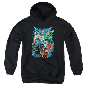 AN OFFCIALLY LICENSED JLA JL ASSEMBLE YOUTH HOODIE BLACK