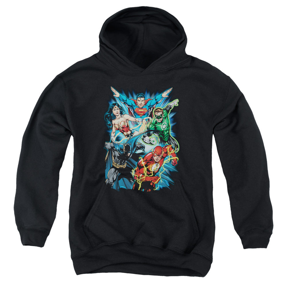 AN OFFCIALLY LICENSED JLA JL ASSEMBLE YOUTH HOODIE BLACK