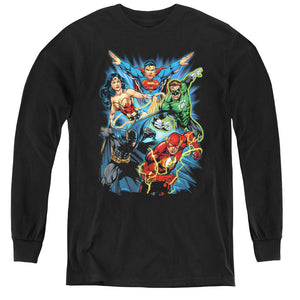 AN OFFCIALLY LICENSED JLA JL ASSEMBLE YOUTH LONG SLEEVE T-SHIRT BLACK